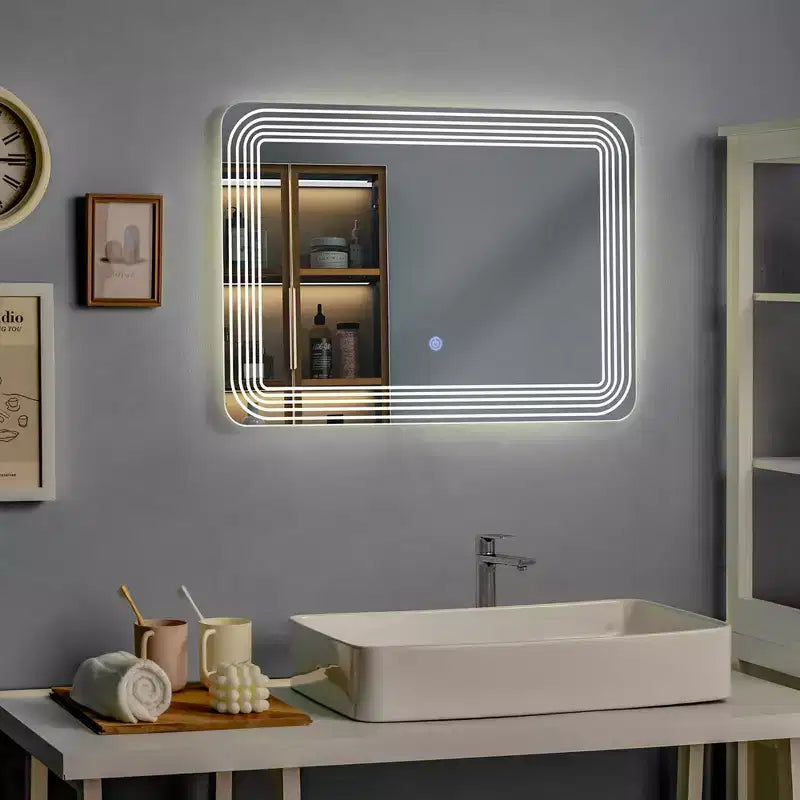 Miroir de salle de bain rectangulaire LED mural, interrupteur tactile, 3 couleurs dimmables, maquillage