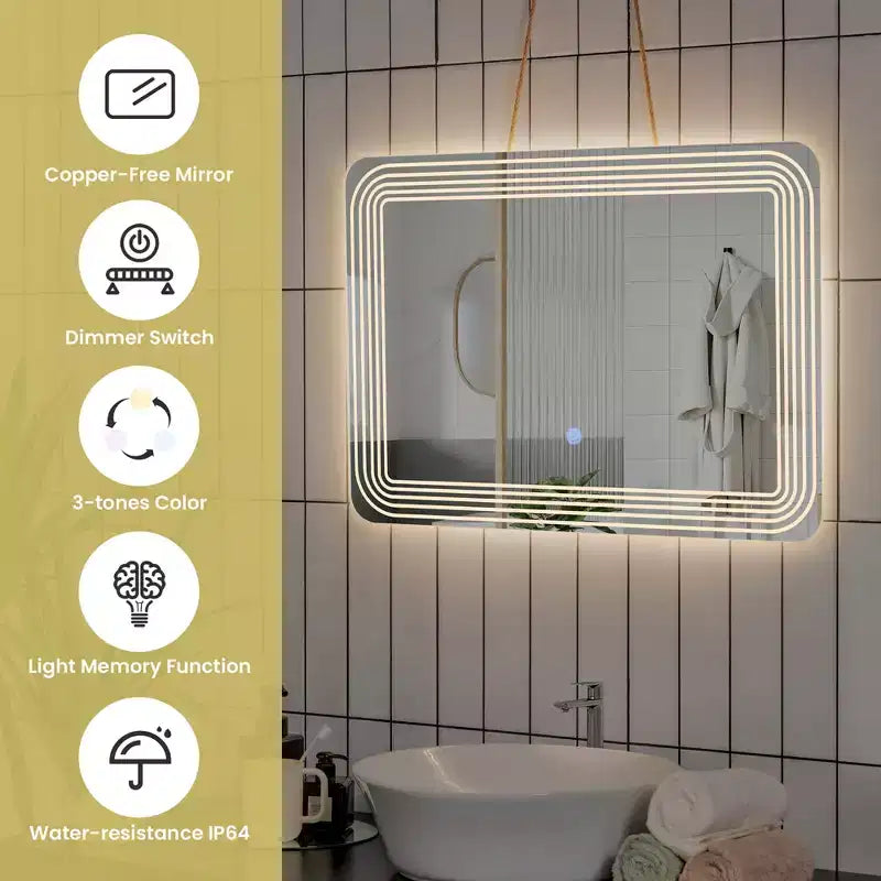 Miroir de salle de bain rectangulaire LED mural, interrupteur tactile, 3 couleurs dimmables, maquillage