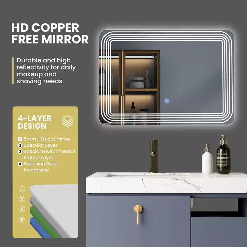 Miroir de salle de bain rectangulaire LED mural, interrupteur tactile, 3 couleurs dimmables, maquillage
