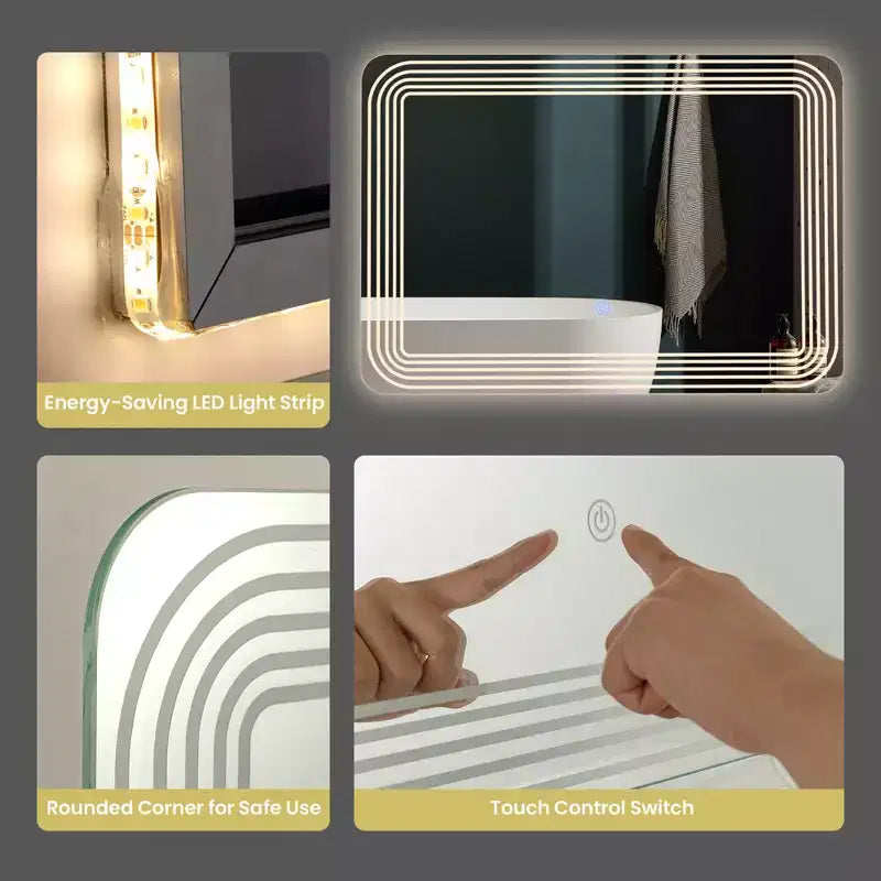 Miroir de salle de bain rectangulaire LED mural, interrupteur tactile, 3 couleurs dimmables, maquillage