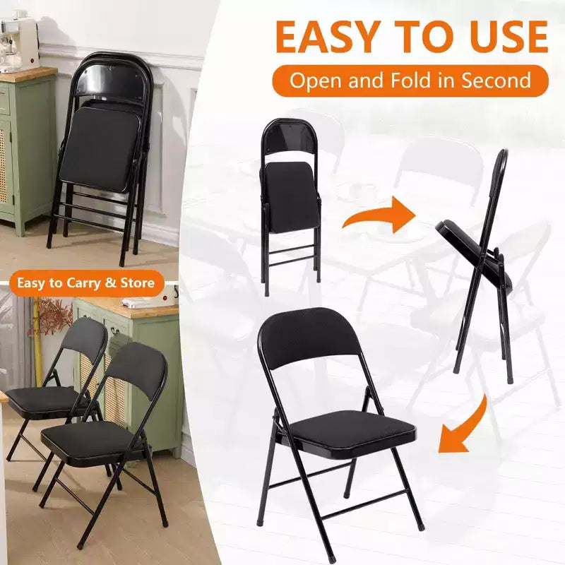 Lot de 6 chaises pliantes rembourrées en tissu, portables, pour salle à manger, noires