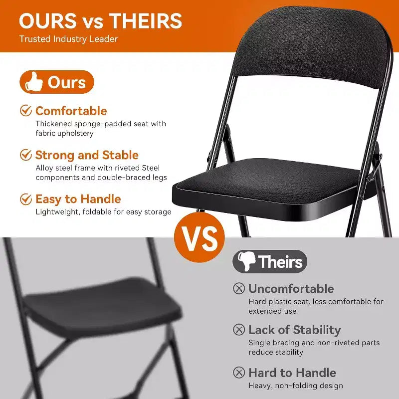 Lot de 6 chaises pliantes rembourrées en tissu, portables, pour salle à manger, noires
