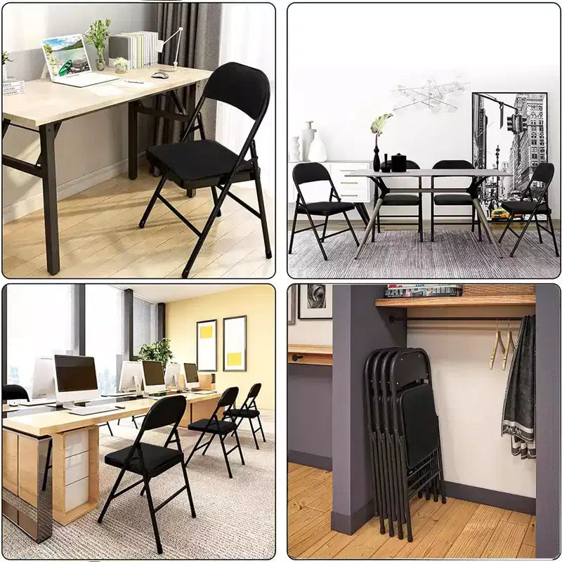Lot de 6 chaises pliantes rembourrées en tissu, portables, pour salle à manger, noires
