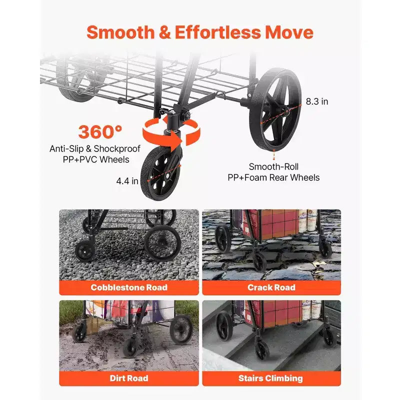 Chariot de courses pliable avec double panier, cadre en acier robuste, capacité de 50 kg, roues pivotantes