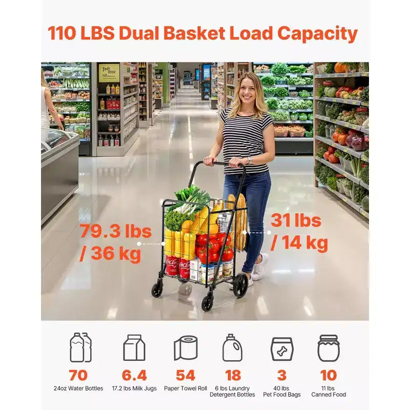 Chariot de courses pliable avec double panier, cadre en acier robuste, capacité de 50 kg, roues pivotantes