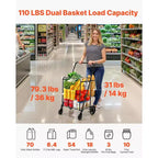 Chariot de courses pliable avec double panier, cadre en acier robuste, capacité de 50 kg, roues pivotantes