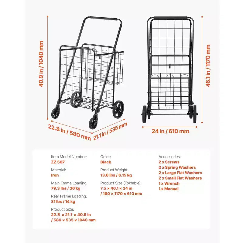 Chariot de courses pliable avec double panier, cadre en acier robuste, capacité de 50 kg, roues pivotantes