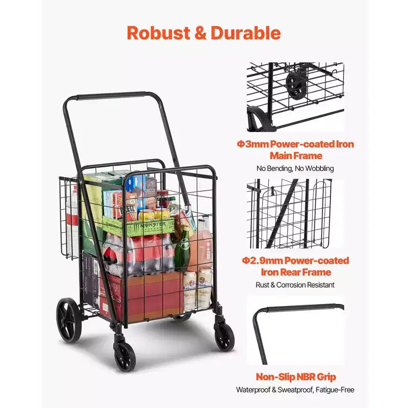 Chariot de courses pliable avec double panier, cadre en acier robuste, capacité de 50 kg, roues pivotantes