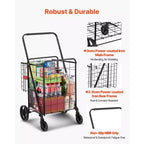 Chariot de courses pliable avec double panier, cadre en acier robuste, capacité de 50 kg, roues pivotantes