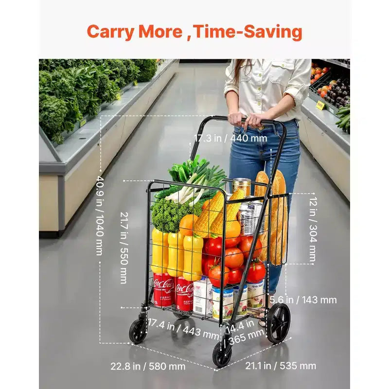 Chariot de courses pliable avec double panier, cadre en acier robuste, capacité de 50 kg, roues pivotantes
